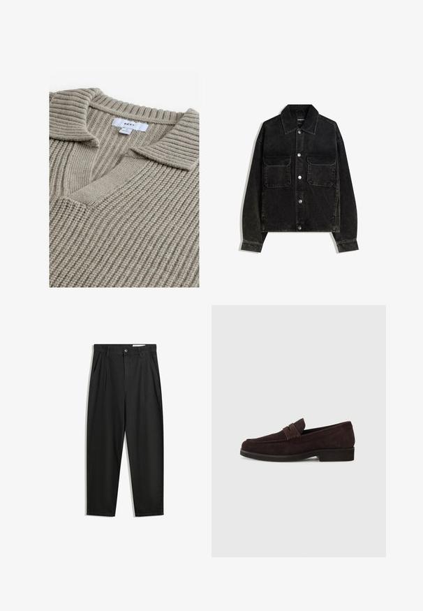 Jachetă neagră din catifea cord, cu închidere frontală cu nasturi, două buzunare la piept și guler. Material texturat cu dungi verticale.; Pulover tricotat bej cu textură în relief, având decolteu în V și guler plat. Țesătura pare moale și călduroasă. Eticheta brandului este vizibilă.; Pantaloni negri din bumbac cu croială lejeră, având un brâu clasic, plii frontale și buzunare laterale. Textură netedă fără modele.; Mocasini din suede maro cu un profil scăzut și vârf rotunjit. Prezintă o curea decorative pe partea superioară, talpă din cauciuc plat și fără cusături vizibile.