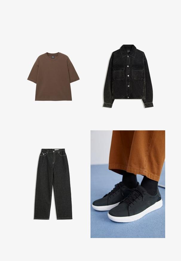 Giacca in velluto nero con chiusura a bottoni, due tasche sul petto e colletto. Tessuto testurizzato con righe verticali.; Maglietta oversized marrone in morbido cotone, con scollatura rotonda e maniche corte. Design senza cuciture e senza ulteriori motivi o accenti.; Jeans neri a gamba dritta con cuciture bianche, design a cinque tasche, chiusura con bottone e cerniera, e un piccolo logo sulla tasca frontale destra.; Sneakers in suede nera con suole in gomma bianca, dotati di un design con lacci, accenti testurizzati e branding sottile, abbinati a pantaloni marroni.