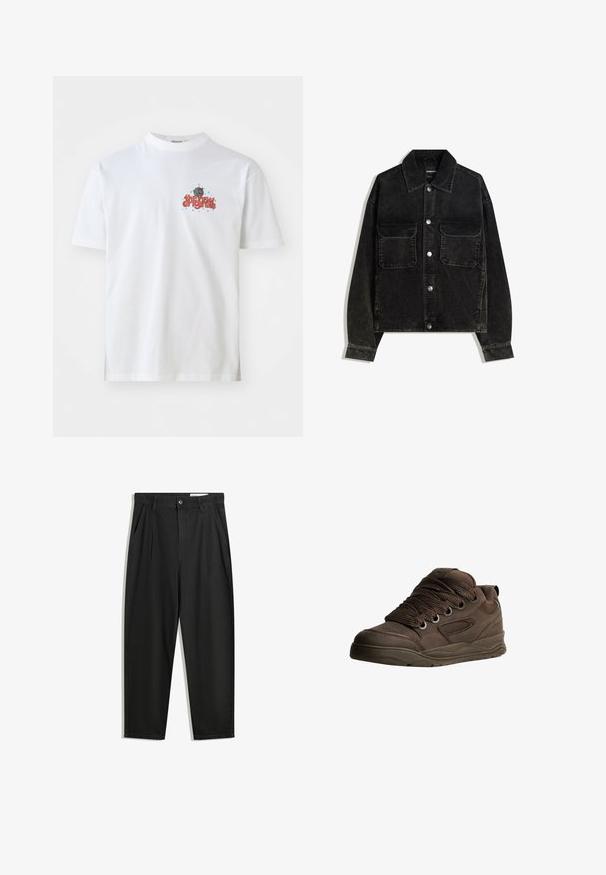 Čierna jemne ryhovaná bunda s gombíkmi na prednej strane, dvoma vreckami na hrudi a golierom. Textúrovaná tkanina s vertikálnymi ryhami.; Biela bavlnená tričko s textovým grafickým motívom "the new originals" v červenej farbe s modrými hviezdami, klasický strih s okrúhlym výstrihom a krátkymi rukávmi.; Čierne bavlnené nohavice s voľným strihom, s klasickým pásom, prednými záhybmi a bočnými vreckami. Hladká textúra bez vzorov.; Hnedé športové topánky vyrobené z hladkého syntetického materiálu. Vybavené hrubými šnúrkami, mriežkovými akcentmi, vycpaným golierom a textúrovanou gumovou podrážkou.