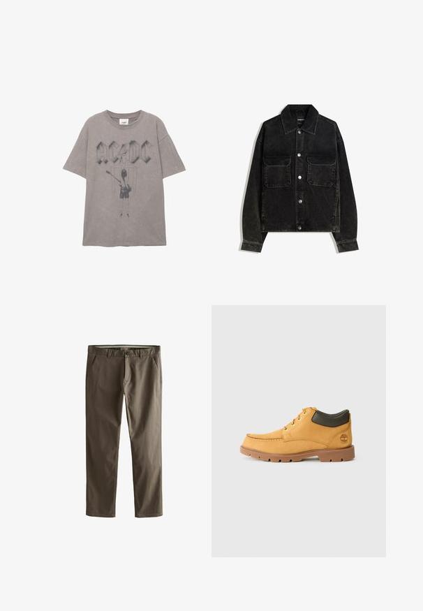 Černá kordurová bunda s předním zapínáním na knoflíky, dvěma náprsními kapsami a límcem. Texturovaná tkanina s vertikálními pruhy.; Šedé bavlněné tričko s velkým logem AC/DC a grafikou kytaristy na zadní straně, s krátkým rukávem a kulatým výstřihem.; Hnědé bavlněné chino kalhoty se střihem rovného nohavice, předními kapsami a zapínáním na knoflík. Vyznačují se hladkým povrchem a čistými liniemi.; Žlutá kožená bota s hnědou gumovou podrážkou, kulatou špičkou a zeleným koženým detailem kolem kotníku. Obsahuje zlaté očky a akcenty v šití.