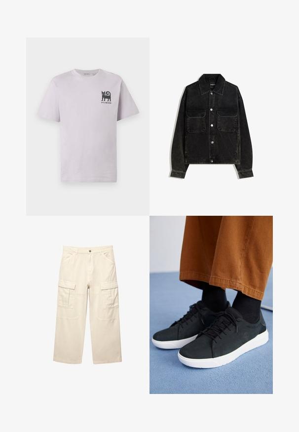 Fekete bordás dzseki gombos elülső résszel, két mellzsebbel és galléros nyakkal. Texturált anyag, függőleges bordákkal.; Rövid ujjú, világoslila pamut póló fekete macska grafikával és felirattal a bal mellen. Kerek nyakú és laza fazonú.; Beige cargo nadrág, pamutból készült, két oldalsó zsebbel, egyenes lábbal és varrott részletekkel. Könnyűnek és tartósnak tűnik.; Fekete velúrbőr sneaker fehér gumitalppal, fűzős dizájnnal, texturált részletekkel és diszkrét márkázással, barna nadrággal párosítva.
