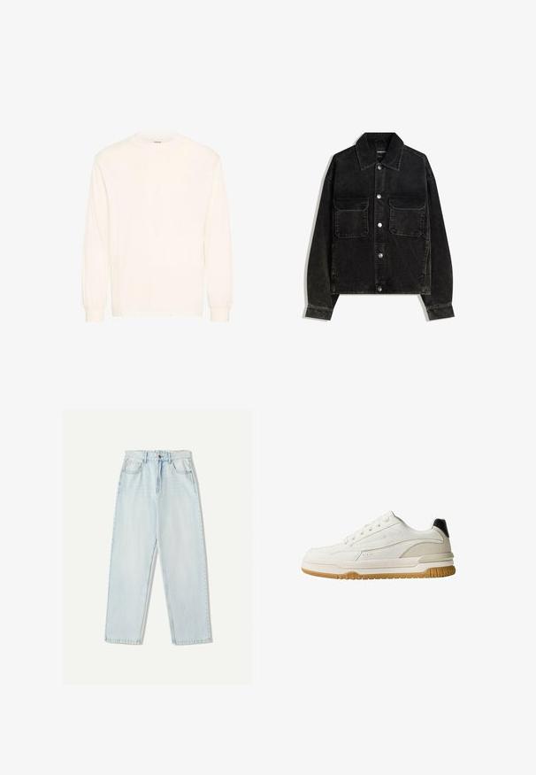 Black corduroy jacket with a button-up front, two chest pockets, and a collared neck. Textured fabric with vertical ridges.; Long-sleeve shirt in off-white cotton with a crew neckline and elasticized cuffs, featuring a minimalist design and soft texture.; Light blue denim jeans with a relaxed fit, straight leg design, five-pocket styling, and subtle fading on the fabric.; White sneaker with a smooth leather and suede upper, rubber sole, and subtle grey accents. Features six eyelets and a black heel tab.