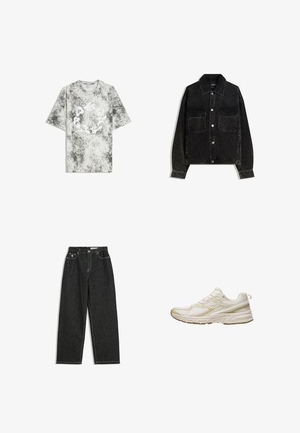 Črna kordna jakna z gumbnico spredaj, dvema žepoma na prsih in ovratnikom. Teksturen material z vertikalnimi rebrami.; Siva in bela kratka majica s kratkimi rokavi z vzorcem marmorja in abstraktnim belim krožnim grafičnim vzorcem na sredini.; Črne ravne hlače iz jeansa z belim šivanjem, zasnova s petimi žepi, zapiranje na gumb in zadrgo, ter majhna logotip na sprednjem desnem žepu.; Bele športne čevlje iz mrežastega in sintetičnega materiala, z zaobljenim prstom, oblazinjeno podplatom in bež poudarki na straneh.