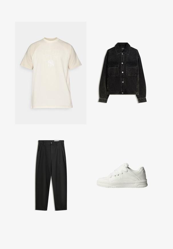 Crna kord jakna s gumbima sprijeda, dva džepa na prsima i ovratnikom. Tekstuirani materijal s vertikalnim trakama.; Majica krem boje s kratkim rukavima i okruglim izrezom, s bijelim natpisom "NEW YORK YANKEES" i logom na prednjoj strani.; Crne pamučne hlače s opuštenim krojem, s klasičnim pojasom, prednjim nabranjima i bočnim džepovima. Glatka tekstura bez uzoraka.; Bijele tenisice s glatkom kožnom vanjštinom, mekanim jezikom, ravnim vezicama i teksturiranim detaljima na stranicama i peti.
