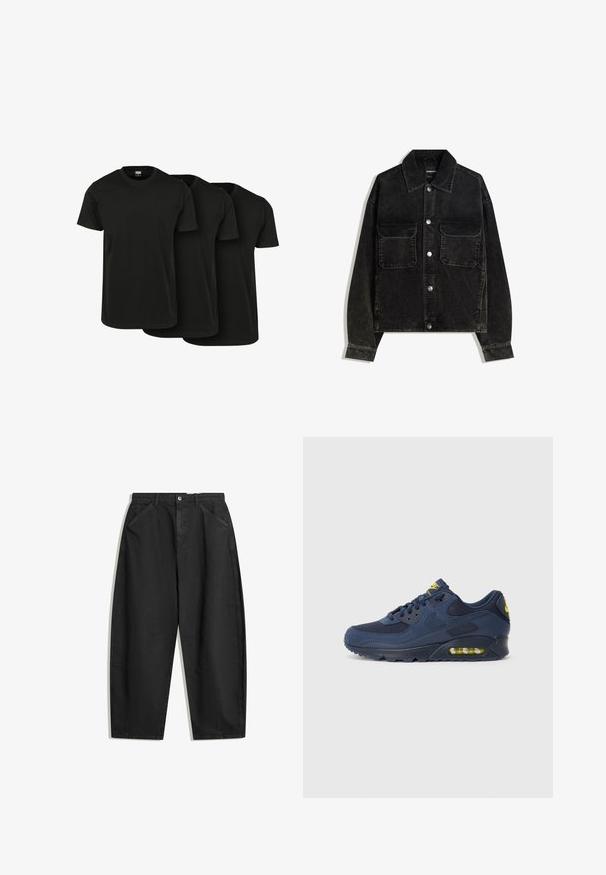 Svart kordflodjacka med knapp-up framtill, två bröstfickor och krage. Strukturerad tyg med vertikala ribbor.; Tre svarta bomullst-shirts med korta ärmar, rund hals och en slät struktur, som visas liggande ovanpå varandra. Inga synliga mönster eller logotyper.; Svarta vida byxor i bomull, med hög midja, framfickor och diskreta sömdetaljer. Slät textur utan mönster.; Mörkblå Nike Air Max sneakers med ovandel i mocka och mesh, med gula detaljer, snörning fram och synlig luftkuddsdämpning i sulan.