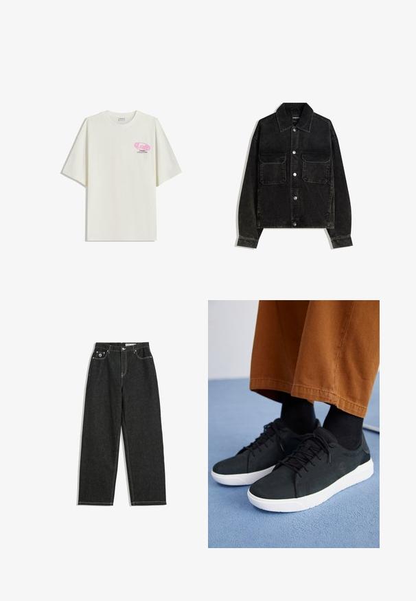 Schwarze Cordjacke mit knöpfbarem Vorderteil, zwei Brusttaschen und Kragen. Strukturiertes Gewebe mit vertikalen Rillen.; Weißes Baumwoll-Übergrößen-T-Shirt mit einem pinken Logo und dem Text "DRAMA COLLECTORS". Kurze Ärmel und klassischer Rundhalsausschnitt.; Schwarze gerade geschnittene Jeans mit weißen Nähten, Fünf-Taschen-Design, Knopf- und Reißverschluss, und einem kleinen Logo auf der vorderen rechten Tasche.; Schwarze Wildleder-Sneaker mit weißen Gummisohlen, mit Schnürdesign, strukturierten Akzenten und dezentem Branding, kombiniert mit braunen Hosen.