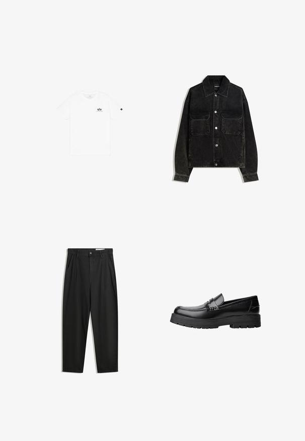 Giacca in velluto nero con chiusura a bottoni, due tasche sul petto e colletto. Tessuto testurizzato con righe verticali.; T-shirt bianca in cotone con collo rotondo, maniche corte e un piccolo logo nero sul lato sinistro del petto. Design semplice e classico.; Pantaloni in cotone neri con una vestibilità rilassata, dotati di una vita classica, pieghe frontali e tasche laterali. Tessuto liscio senza fantasie.; Mocassino in pelle nera con suola spessa e tassellata e fascia decorativa sulla parte superiore, mostrato in profilo sinistro su sfondo bianco.