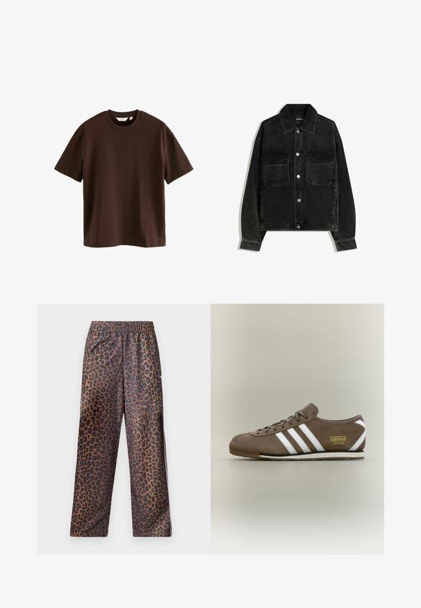 Sort fløjlsjakke med knaplukning fortil, to brystlommer og krave. Tektureret stof med lodrette ribber.; Next HEAVYWEIGHT - T-shirts basic - mottled brown; Løvepletterede bukser med elastisk talje. Lavet af et skinnende stof, med en brun bund og sorte pletter samt en løs pasform.; Brun ruskindssneaker med tre hvide striber, flad gummisål, rund tå og guld "adidas Italia" logo på siden.