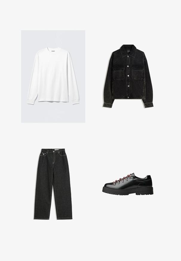 Schwarze Cordjacke mit knöpfbarem Vorderteil, zwei Brusttaschen und Kragen. Strukturiertes Gewebe mit vertikalen Rillen.; Weißes Langarmshirt mit Rundhalsausschnitt, gerippten Bündchen und einem kleinen Markenetikett "WEEKDAY" im Nacken.; Schwarze gerade geschnittene Jeans mit weißen Nähten, Fünf-Taschen-Design, Knopf- und Reißverschluss, und einem kleinen Logo auf der vorderen rechten Tasche.; Schwarzer Lederschnürschuh für Wanderungen mit roten und weißen Schnürsenkeln, großen Ösen und einer groben, profilierten Sohle für Grip und Stabilität.
