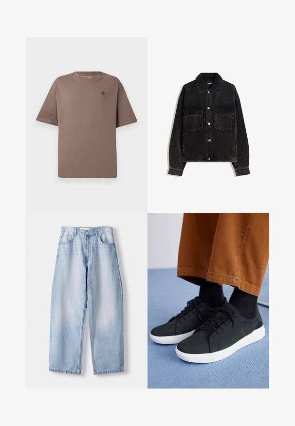 Fekete bordás dzseki gombos elülső résszel, két mellzsebbel és galléros nyakkal. Texturált anyag, függőleges bordákkal.; Barna pamut póló kerek nyakkal és rövid ujjal, kis logóval a mellkason, sima textúrával és laza szabással.; Világoskék farmer széles szárú nadrág, közepes derékkal, öt zsebes kialakítással és finom kopással; egyenes szegéllyel és övrögzítőkkel zárva.; Fekete velúrbőr sneaker fehér gumitalppal, fűzős dizájnnal, texturált részletekkel és diszkrét márkázással, barna nadrággal párosítva.