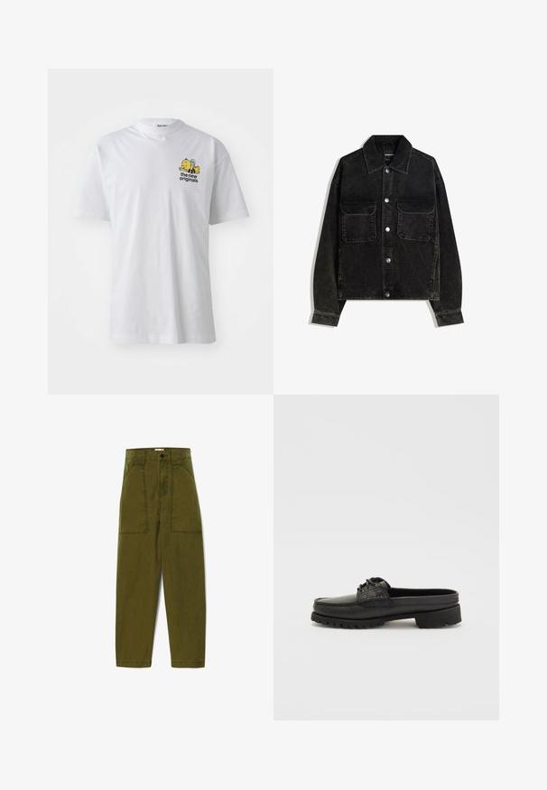 Svart kordflodjacka med knapp-up framtill, två bröstfickor och krage. Strukturerad tyg med vertikala ribbor.; Vit bomulls-t-shirt med kort ärm, rund halsringning och en färgglad broderad grafik av ett bi och text på bröstet.; Olivgrön bomullsbyxor med hög midja, två framfickor och synliga sömnadsdetaljer; raka ben med en något avslappnad passform.; Svart läderslip-on sko med snördetalj, rund tå och texturerad sula. Har en något upphöjd klack och en slät finish.