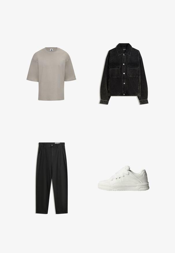 Čierna jemne ryhovaná bunda s gombíkmi na prednej strane, dvoma vreckami na hrudi a golierom. Textúrovaná tkanina s vertikálnymi ryhami.; Tričko s krátkym rukávom a okrúhlym výstrihom v svetlo béžovej farbe z bavlny. Má voľný strih, hladký povrch a diskrétne logo na rukáve.; Čierne bavlnené nohavice s voľným strihom, s klasickým pásom, prednými záhybmi a bočnými vreckami. Hladká textúra bez vzorov.; Biele tenisky s hladkým koženým povrchom, polstrovanou jazykovkou, plochými šnúrkami a štruktúrovanými detailmi na stranách a päte.