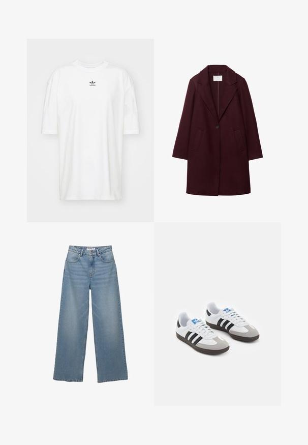 Burgundin villasekoite takki, jossa on terävä kaulus, yksittäinen nappikiinnitys ja kaksi etutaskua; pitkät hihat ja suora leikkaus.; adidas Originals TEE - T-paita - cloud white; Vaaleansiniset leveälahkeiset farkut, valmistettu denimistä. Ominaisuuksiin kuuluu korkea vyötärö, viisi taskua ja suora leikkaus, jolla on vähäistä haalistumista.; Urheilukengät, joissa on valkoinen nahkainen päällinen, harmaa mokkanokka ja kolme mustaa raitaa. Ominaisuuksina sininen logo kielekkeessä ja kuvioitu kumipohja.