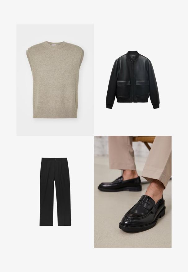 Schwarze Lederbomberjacke mit Reißverschluss vorne, geripptem Kragen und zwei großen Fronttaschen. Glatte Textur und lockere Passform.; Ärmelloser Strickpullover in hellem Beige mit rundem Halsausschnitt, geripptem Saum und schlichtem Design mit glatter Textur.; Schwarze Hose mit geradem Schnitt, aus einem glatten Stoff gefertigt. Verfügt über Vorderfalten und einen einzelnen Knopfverschluss an der Taille.; Schwarze Lederloafers mit glatter Oberfläche, ausgestattet mit einem dekorativen Riemen und Kontrastnähten, kombiniert mit beigen Hosen.