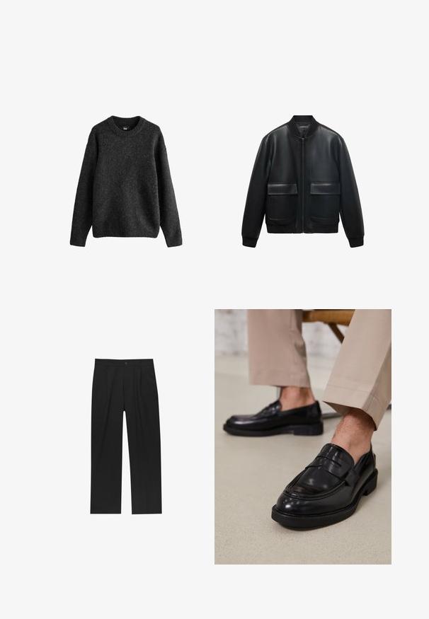 Zwarte leren bomberjack met een ritssluiting aan de voorkant, ribbelkraag en twee grote voorzakken. Soepele textuur en een ontspannen pasvorm.; Donkergrijze trui, gemaakt van een gestructureerde wolmix, met een ronde hals, lange mouwen en ribgebreide manchetten en onderrand. Eenvoudig ontwerp.; Zwarte broeken met een recht model, gemaakt van een gladde stof. Voorzien van een voorplooien en een enkele knoopsluiting bij de taille.; Zwarte leren loafers met een gladde afwerking, voorzien van een decoratieve band en contrasterende stiksels, gecombineerd met beige broeken.