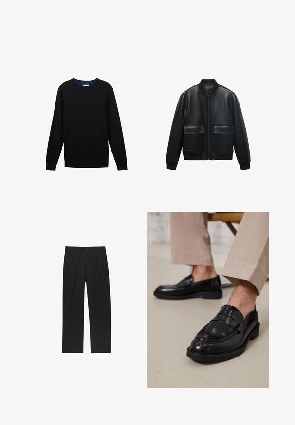 Czarna skórzana kurtka bombowca z zamkiem z przodu, prążkowanym kołnierzem i dwiema dużymi kieszeniami z przodu. Gładka tekstura i luźny krój.; Czarny dziany sweter z długimi rękawami, ściągaczowym kołnierzem, mankietami i dolnym wykończeniem. Ozdobiony dyskretnym logo na piersi i niebieskim wykończeniem dekoltu od wewnątrz.; Czarne spodnie o prostym kroju, wykonane z gładkiego materiału. Posiadają zakładki z przodu i pojedyncze zapięcie na guziki w pasie.; Czarne skórzane mokasyny o gładkim wykończeniu, z dekoracyjnym paskiem i kontrastowym szwem, w połączeniu z beżowymi spodniami.