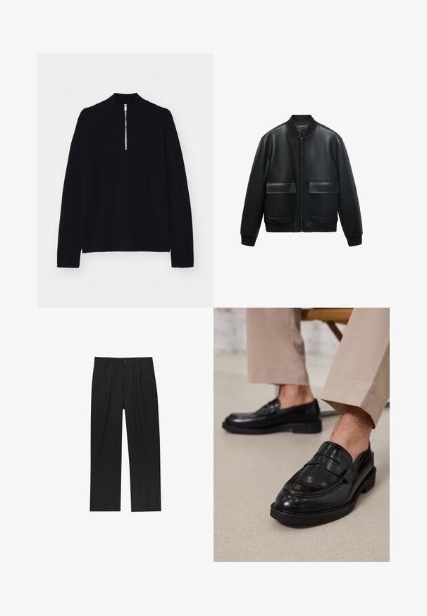 Zwarte leren bomberjack met een ritssluiting aan de voorkant, ribbelkraag en twee grote voorzakken. Soepele textuur en een ontspannen pasvorm.; Zwarte langslavige top gemaakt van een zachte stof, met een hoge col en een halve rits aan de voorkant, in een relaxte pasvorm.; Zwarte broeken met een recht model, gemaakt van een gladde stof. Voorzien van een voorplooien en een enkele knoopsluiting bij de taille.; Zwarte leren loafers met een gladde afwerking, voorzien van een decoratieve band en contrasterende stiksels, gecombineerd met beige broeken.