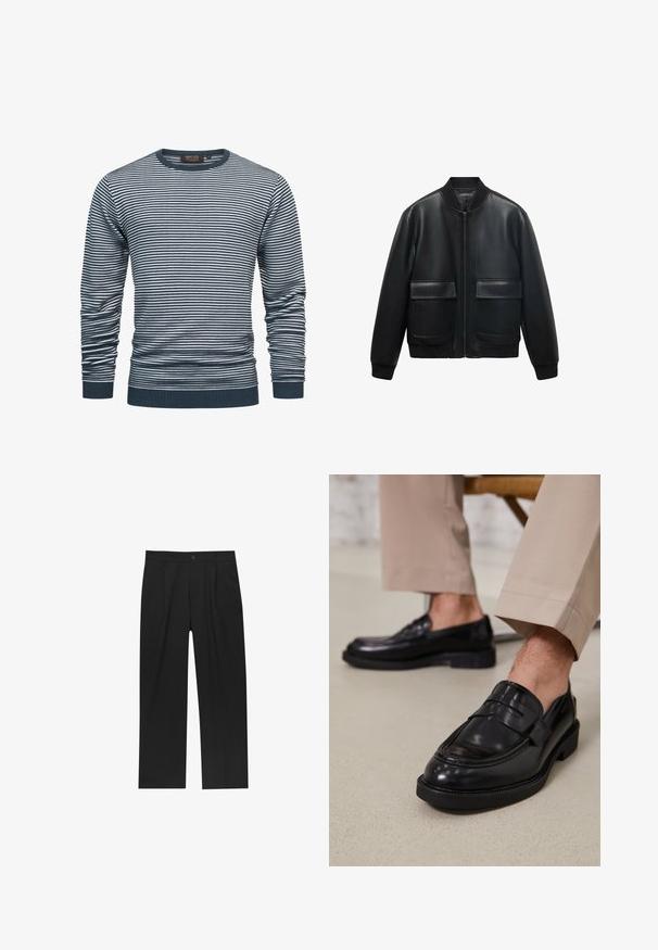 Crna kožna bomberska jakna sa patentnim zatvaračem, rebrastim ovratnikom i dva velika prednja džepa. Glatka tekstura i opušten kroj.; Prugasta majica dugih rukava u tamnoplavoj i bijeloj boji, sa rebrastim izrezom i manžetama. Tkanina je meka, sa horizontalnim prugama po cijeloj površini.; Crne hlače ravnog kroja, izrađene od glatkog materijala. Imaju prednje nabore i jedan dugme na struku.; Crne kožne mokasine s glatkom obradom, koje imaju dekorativnu traku i kontrastnu šav, u kombinaciji s bež hlačama.