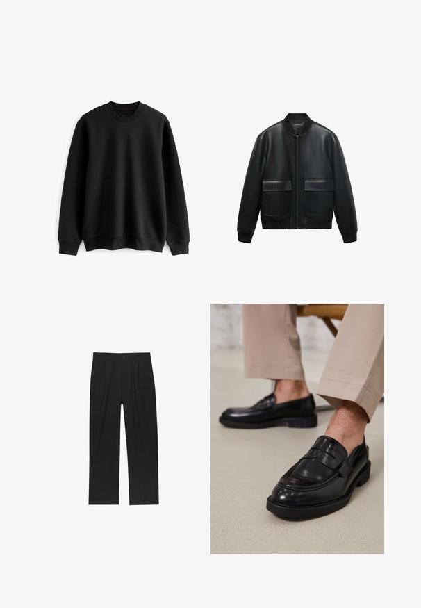 Zwarte leren bomberjack met een ritssluiting aan de voorkant, ribbelkraag en twee grote voorzakken. Soepele textuur en een ontspannen pasvorm.; Next TEXTURE CREW - Sweater - black; Zwarte broeken met een recht model, gemaakt van een gladde stof. Voorzien van een voorplooien en een enkele knoopsluiting bij de taille.; Zwarte leren loafers met een gladde afwerking, voorzien van een decoratieve band en contrasterende stiksels, gecombineerd met beige broeken.