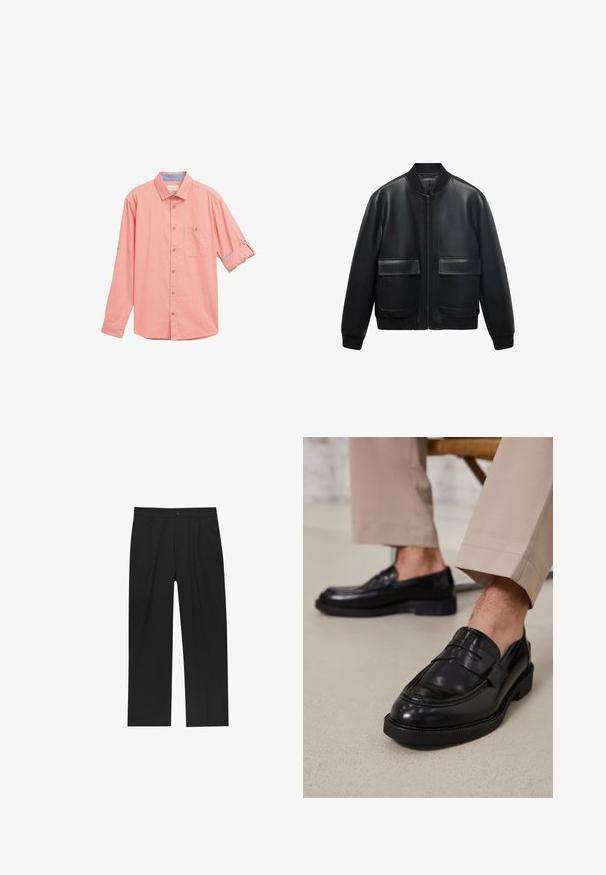 Giubbotto bomber in pelle nera con zip frontale, colletto a coste e due grandi tasche anteriori. Texture liscia e vestibilità rilassata.; Camicetta a maniche lunghe in corallo chiaro con tessuto testurizzato, taschino sul petto e dettaglio delle maniche arrotolate che mostra un interno blu.; Pantaloni neri con un design a gamba dritta, realizzati in un tessuto liscio. Presentano pieghe frontali e una chiusura a un bottone in vita.; Mocassini in pelle nera con finitura liscia, dotati di una cintura decorativa e cuciture a contrasto, abbinati a pantaloni beige.