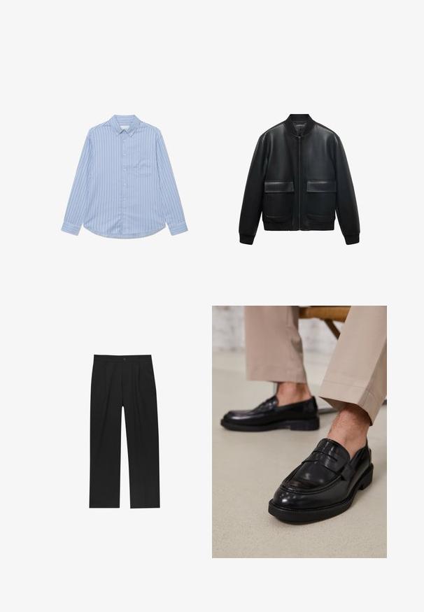 Zwarte leren bomberjack met een ritssluiting aan de voorkant, ribbelkraag en twee grote voorzakken. Soepele textuur en een ontspannen pasvorm.; Lichtblauw langemouw shirt met verticale witte en donkerblauwe strepen. Bevat een button-down kraag en een enkele borstzak.; Zwarte broeken met een recht model, gemaakt van een gladde stof. Voorzien van een voorplooien en een enkele knoopsluiting bij de taille.; Zwarte leren loafers met een gladde afwerking, voorzien van een decoratieve band en contrasterende stiksels, gecombineerd met beige broeken.