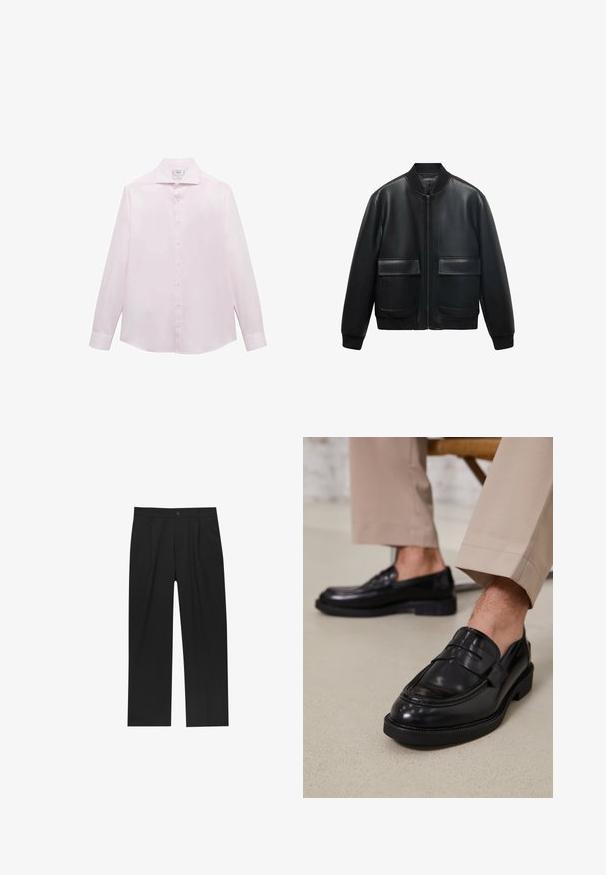 Zwarte leren bomberjack met een ritssluiting aan de voorkant, ribbelkraag en twee grote voorzakken. Soepele textuur en een ontspannen pasvorm.; Roze langemouwen shirt met een klassieke kraag, zeven witte knopen aan de voorkant en een gebogen zoom. Glad, lichtgewicht stof.; Zwarte broeken met een recht model, gemaakt van een gladde stof. Voorzien van een voorplooien en een enkele knoopsluiting bij de taille.; Zwarte leren loafers met een gladde afwerking, voorzien van een decoratieve band en contrasterende stiksels, gecombineerd met beige broeken.