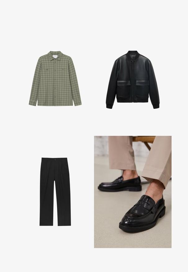 Zwarte leren bomberjack met een ritssluiting aan de voorkant, ribbelkraag en twee grote voorzakken. Soepele textuur en een ontspannen pasvorm.; Groene geruite knoopshirt met een puntkraag, lange mouwen, twee borstzakken en een relaxte pasvorm. Gemaakt van een textuurstof.; Zwarte broeken met een recht model, gemaakt van een gladde stof. Voorzien van een voorplooien en een enkele knoopsluiting bij de taille.; Zwarte leren loafers met een gladde afwerking, voorzien van een decoratieve band en contrasterende stiksels, gecombineerd met beige broeken.