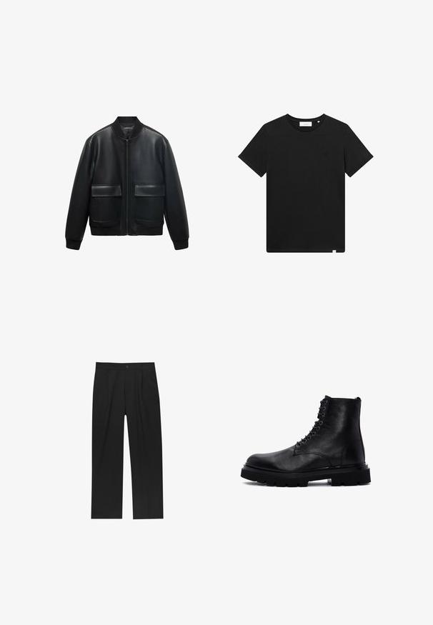 Czarna skórzana kurtka bombowca z zamkiem z przodu, prążkowanym kołnierzem i dwiema dużymi kieszeniami z przodu. Gładka tekstura i luźny krój.; Czarna koszulka z krótkim rękawem wykonana z bawełny, z okrągłym dekoltem i małym logo haftowanym na piersi. Gładka tekstura, standardowy krój.; Czarne spodnie o prostym kroju, wykonane z gładkiego materiału. Posiadają zakładki z przodu i pojedyncze zapięcie na guziki w pasie.; Czarny skórzany botek za kostkę z grubą podeszwą typu lug i sznurowanym przodem, przedstawiony w lewym profilu na białym tle.