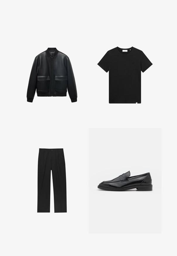 Jachetă de tip bomber din piele neagră, cu fermoar frontal, guler ribbed și două buzunare mari în față. Textură netedă și croială relaxată.; Tricou scurt cu mânecă, de culoare neagră, realizat din bumbac, cu guler tip crew și un mic logo brodat pe piept. Textură netedă, croială standard.; Pantaloni negri cu un design drept, fabricați dintr-un material neted. Au plisse în față și un sistem de închidere cu un singur buton la talie.; Pantofofi din piele neagră cu un finisaj neted, având vârful rotunjit și o bandă îngustă pe partea superioară. Toc mic, stratificat.