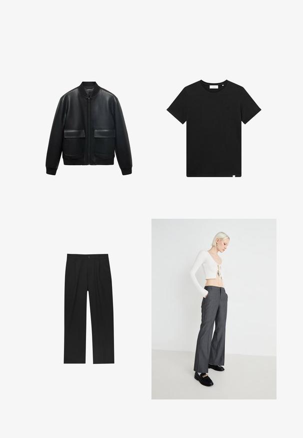 Giubbotto bomber in pelle nera con zip frontale, colletto a coste e due grandi tasche anteriori. Texture liscia e vestibilità rilassata.; T-shirt nera a maniche corte in cotone, con scollatura rotonda e un piccolo logo ricamato sul petto. Tessuto liscio, vestibilità standard.; Pantaloni neri con un design a gamba dritta, realizzati in un tessuto liscio. Presentano pieghe frontali e una chiusura a un bottone in vita.; Top corto bianco a coste con dettaglio annodato, abbinato a pantaloni a gamba larga grigio a righe. Il modello indossa mocassini neri con dettagli dorati, in piedi su uno sfondo neutro.