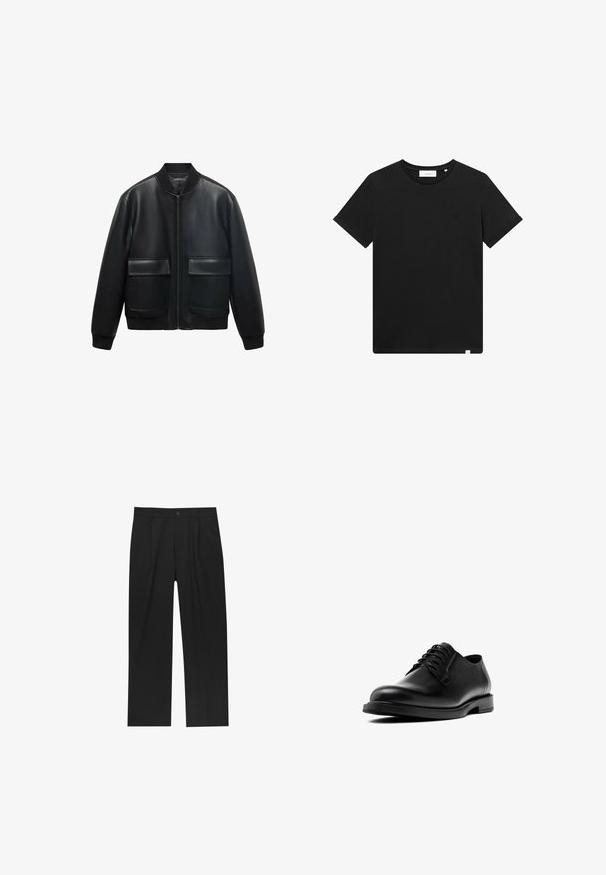 Zwarte leren bomberjack met een ritssluiting aan de voorkant, ribbelkraag en twee grote voorzakken. Soepele textuur en een ontspannen pasvorm.; Zwarte T-shirt met korte mouwen van katoen, met een ronde hals en een klein logo geborduurd op de borst. Soepele textuur, normale pasvorm.; Zwarte broeken met een recht model, gemaakt van een gladde stof. Voorzien van een voorplooien en een enkele knoopsluiting bij de taille.; Zwarte leren oxford schoen met een gladde afwerking, ronde neus en een vetersluiting met vijf ogen. Levendige textuur en een lage rubberen zool.