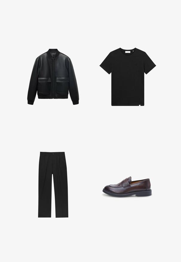 Čierna kožená bombrová bunda so zipsom vpredu, rebrovaným golierom a dvoma veľkými prednými vreckami. Hladká textúra a uvoľnený strih.; Čierne tričko s krátkym rukávom vyrobené z bavlny, s okrúhlym výstrihom a malým logom vyšitým na hrudi. Hladká textúra, štandardný strih.; Čierne nohavice s rovnými nohavicami, vyrobené z hladkej tkaniny. Majú predné puky a jediné gombíkové zapínanie v páse.; Hnedé kožené mokasíny s hladkou textúrou, zaoblenou špičkou a dvojitým pruhovým detailom; majú čiernu gumovú podrážku a prešitý dizajn.