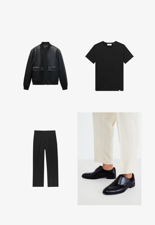 Zwarte leren bomberjack met een ritssluiting aan de voorkant, ribbelkraag en twee grote voorzakken. Soepele textuur en een ontspannen pasvorm.; Zwarte T-shirt met korte mouwen van katoen, met een ronde hals en een klein logo geborduurd op de borst. Soepele textuur, normale pasvorm.; Zwarte broeken met een recht model, gemaakt van een gladde stof. Voorzien van een voorplooien en een enkele knoopsluiting bij de taille.; Call it Spring CARLISLE - Zakelijke veterschoenen - black