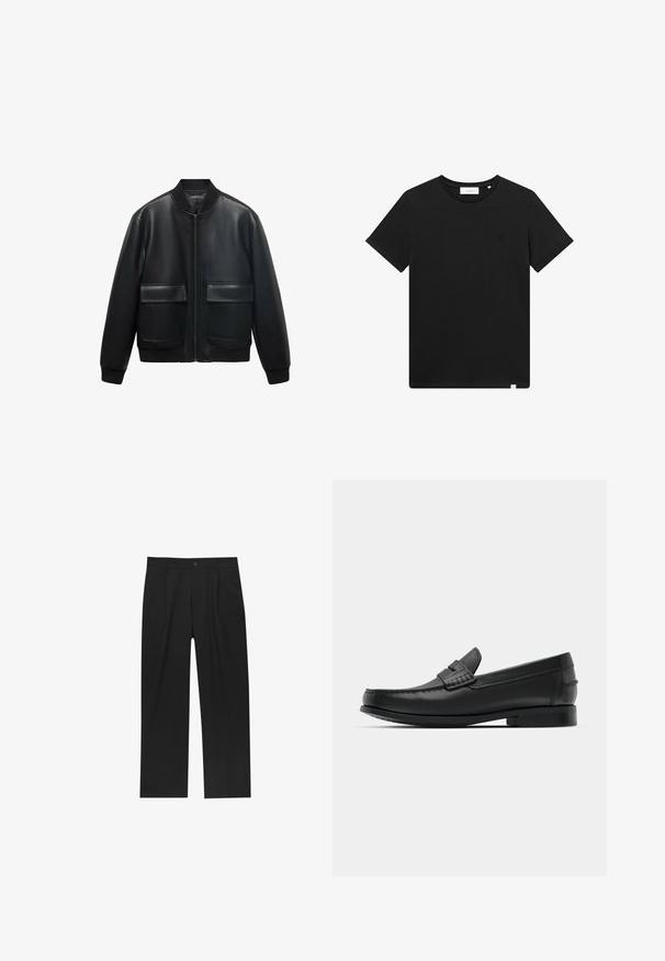Svart läderbombarjacka med dragkedja fram, ribbad krage och två stora framfickor. Slät textur och avslappnad passform.; Svart kortärmad T-shirt i bomull, med rund hals och en liten logotyp broderad på bröstet. Slät textur, standard passform.; Svarta byxor med rak ben-design, tillverkade av ett jämnt tyg. Har framfickor och en enkel knapplåsning i midjan.; Svarta läderskor med rund tå, detaljerad sömnad och en låg, fyrkantig klack. Slät textur och minimalistisk design.
