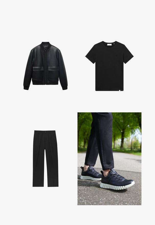 Černá kožená bomber bunda se zipem vpředu, vroubkovaným límcem a dvěma velkými předními kapsami. Hladká textura a uvolněný střih.; Černé tričko s krátkým rukávem vyrobené z bavlny, s kulatým výstřihem a malým vyšitým logem na hrudi. Hladká textura, standardní střih.; Černé kalhoty s rovnými nohavicemi, vyrobené z hladké tkaniny. Mají přední záhyby a jedno knoflíkové zapínání v pase.; Černé kožené tenisky s texturovaným povrchem, vybavené robustní bílou podrážkou a elastickými tkaničkami, umístěné na šedé cestě a mezi zelenými stromy.