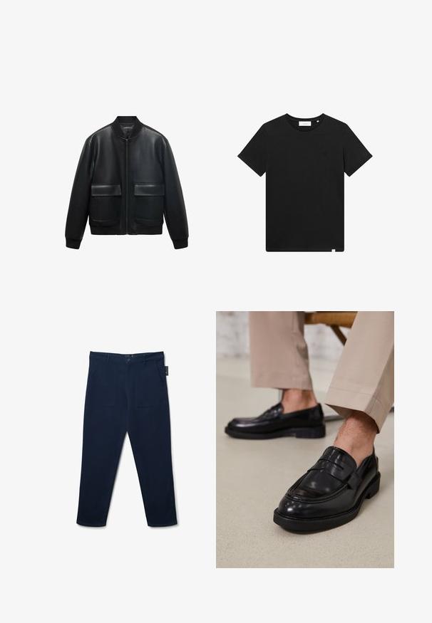 Giubbotto bomber in pelle nera con zip frontale, colletto a coste e due grandi tasche anteriori. Texture liscia e vestibilità rilassata.; T-shirt nera a maniche corte in cotone, con scollatura rotonda e un piccolo logo ricamato sul petto. Tessuto liscio, vestibilità standard.; Pantaloni blu navy realizzati in un tessuto morbido con vita piatta, due grandi tasche frontali e chiusura con zip e bottone.; Mocassini in pelle nera con finitura liscia, dotati di una cintura decorativa e cuciture a contrasto, abbinati a pantaloni beige.