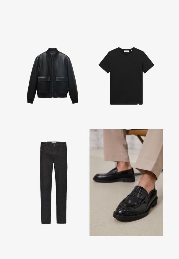 Giubbotto bomber in pelle nera con zip frontale, colletto a coste e due grandi tasche anteriori. Texture liscia e vestibilità rilassata.; T-shirt nera a maniche corte in cotone, con scollatura rotonda e un piccolo logo ricamato sul petto. Tessuto liscio, vestibilità standard.; Jeans in denim nero con una vestibilità a gamba dritta. Le caratteristiche includono cinque tasche, una chiusura con bottone e cuciture sottili lungo le cuciture.; Mocassini in pelle nera con finitura liscia, dotati di una cintura decorativa e cuciture a contrasto, abbinati a pantaloni beige.