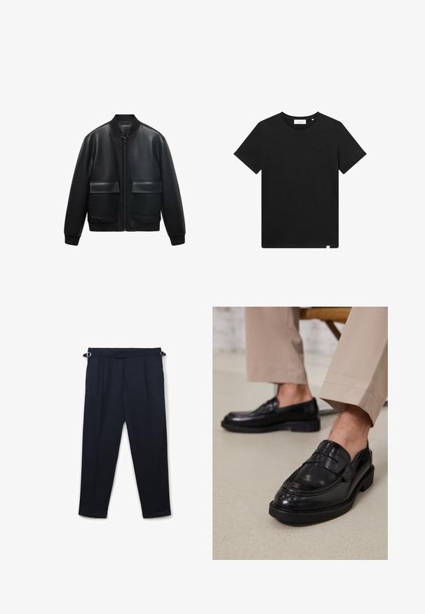 Veste bombardier en cuir noir avec fermeture éclair à l'avant, col côtelé et deux grandes poches avant. Texture lisse et coupe décontractée.; T-shirt noir à manches courtes en coton, avec un col rond et un petit logo brodé sur la poitrine. Texture lisse, coupe standard.; Pantalons bleu marine en tissu lisse, avec une coupe décontractée, des plis, des bretelles ajustables et un ourlet droit.; Mocassins en cuir noir avec une finition lisse, ornés d'une sangle décorative et de coutures contrastées, associés à un pantalon beige.