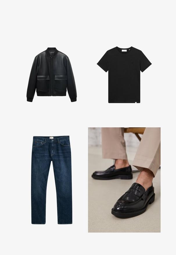 Giubbotto bomber in pelle nera con zip frontale, colletto a coste e due grandi tasche anteriori. Texture liscia e vestibilità rilassata.; T-shirt nera a maniche corte in cotone, con scollatura rotonda e un piccolo logo ricamato sul petto. Tessuto liscio, vestibilità standard.; Jeans in denim blu scuro con vestibilità dritta, chiusura a bottone e cerniera, e tasche frontali. Texture liscia e minimo sbiadimento.; Mocassini in pelle nera con finitura liscia, dotati di una cintura decorativa e cuciture a contrasto, abbinati a pantaloni beige.