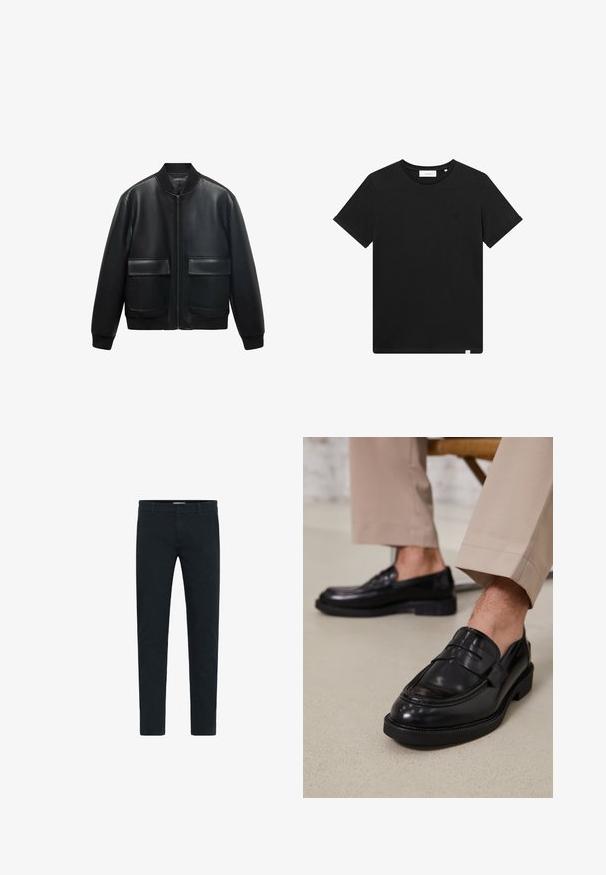 Jachetă de tip bomber din piele neagră, cu fermoar frontal, guler ribbed și două buzunare mari în față. Textură netedă și croială relaxată.; Tricou scurt cu mânecă, de culoare neagră, realizat din bumbac, cu guler tip crew și un mic logo brodat pe piept. Textură netedă, croială standard.; Pantaloni negri din bumbac cu o croială ajustată, prevăzuți cu închidere cu nasture și fermoar, cinci buzunare și o textură netedă. Design simplu, fără modele.; Loafers negre din piele cu o finisare netedă, având o curea decorativă și cusături contrastante, asortați cu pantaloni bej.