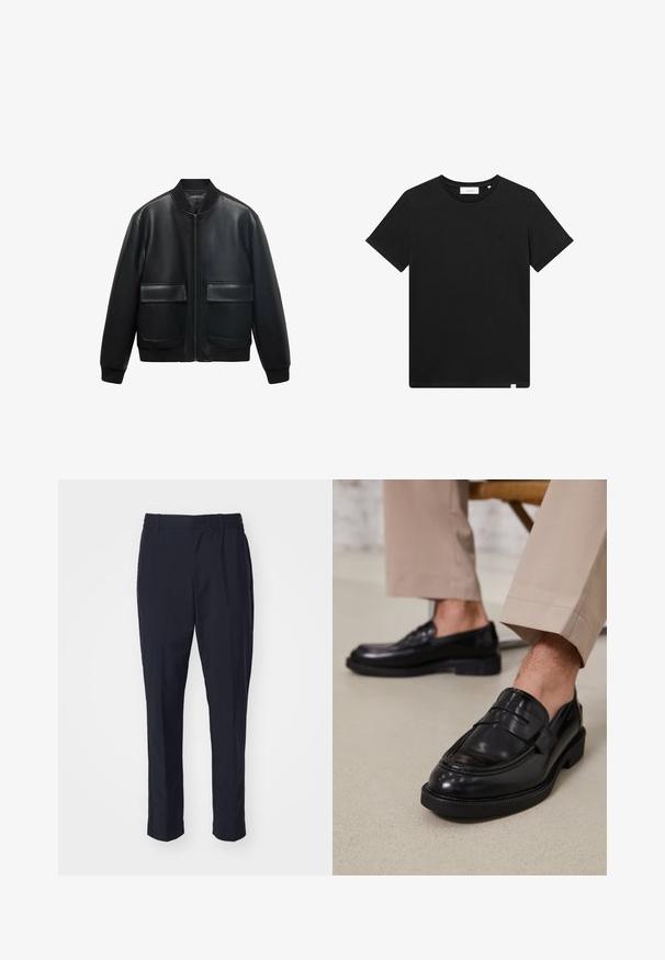 Jachetă de tip bomber din piele neagră, cu fermoar frontal, guler ribbed și două buzunare mari în față. Textură netedă și croială relaxată.; Tricou scurt cu mânecă, de culoare neagră, realizat din bumbac, cu guler tip crew și un mic logo brodat pe piept. Textură netedă, croială standard.; Pantaloni bleumarin cu o textură netedă, talie elastică și croială conică. Nu au buzunare vizibile sau embellishments.; Loafers negre din piele cu o finisare netedă, având o curea decorativă și cusături contrastante, asortați cu pantaloni bej.