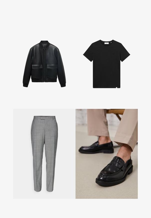 Sort læder bomberjakke med lynlås fortil, ribbet krave og to store frontlommer. Glat tekstur og afslappet pasform.; Sort kortærmet T-shirt lavet af bomuld, med rund hals og et lille logo broderet på brystet. Glat tekstur, standard pasform.; Grå skræddersyede bukser med et diskret ternet mønster, lige pasform og glat tekstur med flad front og bæltestropper.; Sorte lædermokkasiner med en glat overflade, der har en dekorativ rem og kontraststing, parret med beige bukser.
