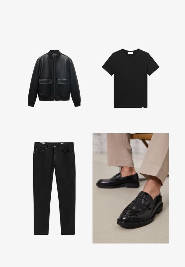 Mustaa nahasta valmistettu pommikonejacketti, jossa on vetoketju edessä, ribattu kaulus ja kaksi isoa etutaskua. Sileä pinta ja rento leikkaus.; Lyhythihaine musta T-paita, joka on valmistettu puuvillasta. Paidassa on pyöreä pääntie ja pieni brodeerattu logo rinnassa. Sujuva rakenne, normaali istuvuus.; Mustat farkut, joissa on slim fit -leikkaus, viisi taskua, metalliosat ja hienostuneet ompeludetailit. Sileä pinta, suora lahkeiden muoto.; Musta nahkakengät, joissa on sileä pinta, koristetasku ja kontrastisomistus, yhdistettynä vaaleanbeigeihin housuihin.