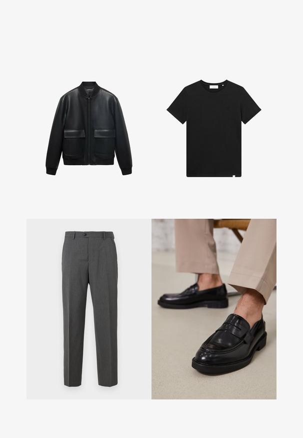 Czarna skórzana kurtka bombowca z zamkiem z przodu, prążkowanym kołnierzem i dwiema dużymi kieszeniami z przodu. Gładka tekstura i luźny krój.; Czarna koszulka z krótkim rękawem wykonana z bawełny, z okrągłym dekoltem i małym logo haftowanym na piersi. Gładka tekstura, standardowy krój.; Wybielające, szare męskie spodnie w kant z subtelnymi prążkami, zapinane na guzik, z szlufkami na pasek i prostymi nogawkami na białym tle.; Czarne skórzane mokasyny o gładkim wykończeniu, z dekoracyjnym paskiem i kontrastowym szwem, w połączeniu z beżowymi spodniami.