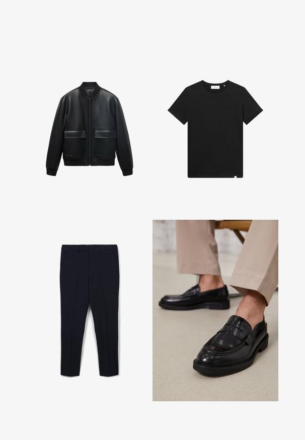 Veste bombardier en cuir noir avec fermeture éclair à l'avant, col côtelé et deux grandes poches avant. Texture lisse et coupe décontractée.; T-shirt noir à manches courtes en coton, avec un col rond et un petit logo brodé sur la poitrine. Texture lisse, coupe standard.; Pantalons tailleur bleu marine avec une texture de tissu lisse, devant plat, deux poches latérales et une coupe droite.; Mocassins en cuir noir avec une finition lisse, ornés d'une sangle décorative et de coutures contrastées, associés à un pantalon beige.