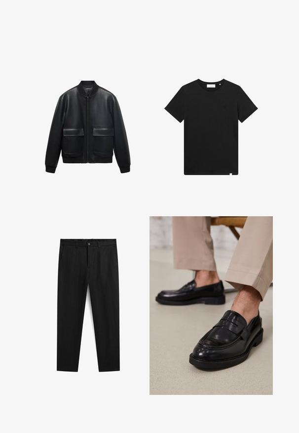 Zwarte leren bomberjack met een ritssluiting aan de voorkant, ribbelkraag en twee grote voorzakken. Soepele textuur en een ontspannen pasvorm.; Zwarte T-shirt met korte mouwen van katoen, met een ronde hals en een klein logo geborduurd op de borst. Soepele textuur, normale pasvorm.; Zwarte katoenen broek met een rechte pijp, voorzien van een knoopsluiting, riemlussen en twee zijzakken. Soepele textuur en minimalistisch ontwerp.; Zwarte leren loafers met een gladde afwerking, voorzien van een decoratieve band en contrasterende stiksels, gecombineerd met beige broeken.