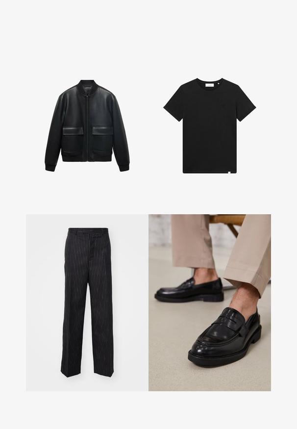 Veste bombardier en cuir noir avec fermeture éclair à l'avant, col côtelé et deux grandes poches avant. Texture lisse et coupe décontractée.; T-shirt noir à manches courtes en coton, avec un col rond et un petit logo brodé sur la poitrine. Texture lisse, coupe standard.; Pantalons à rayures noires avec une coupe ajustée, présentant une texture lisse, un design à jambe droite et des détails tonals subtils sur l'ensemble.; Mocassins en cuir noir avec une finition lisse, ornés d'une sangle décorative et de coutures contrastées, associés à un pantalon beige.