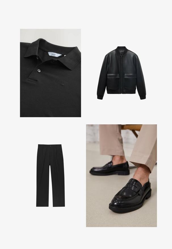 Čierna kožená bombrová bunda so zipsom vpredu, rebrovaným golierom a dvoma veľkými prednými vreckami. Hladká textúra a uvoľnený strih.; Čierne polo tričko vyrobené z textúrovanej látky s golierom, dvoma gombíkmi a malou vyšívanou korunkou na hrudi. Štandardný strih.; Čierne nohavice s rovnými nohavicami, vyrobené z hladkej tkaniny. Majú predné puky a jediné gombíkové zapínanie v páse.; Čierne kožené poltopánky s hladkým povrchom, so zdobným remienkom a kontrastným prešívaním, skombinované s béžovými nohavicami.
