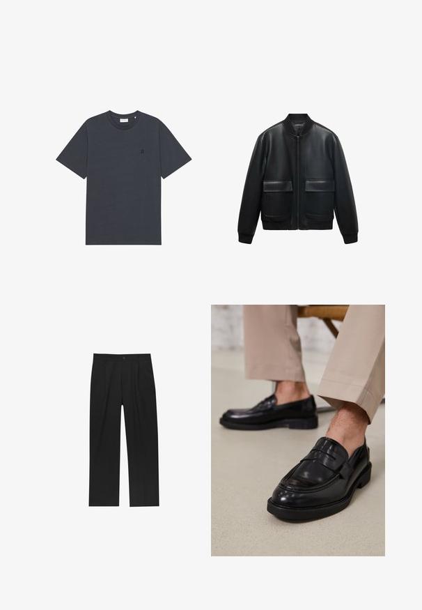 Giubbotto bomber in pelle nera con zip frontale, colletto a coste e due grandi tasche anteriori. Texture liscia e vestibilità rilassata.; Maglietta di cotone grigio scuro con collo rotondo e maniche corte. Presenta un piccolo logo nero "II" sul petto a sinistra. Tessuto liscio e vestibilità comoda.; Pantaloni neri con un design a gamba dritta, realizzati in un tessuto liscio. Presentano pieghe frontali e una chiusura a un bottone in vita.; Mocassini in pelle nera con finitura liscia, dotati di una cintura decorativa e cuciture a contrasto, abbinati a pantaloni beige.