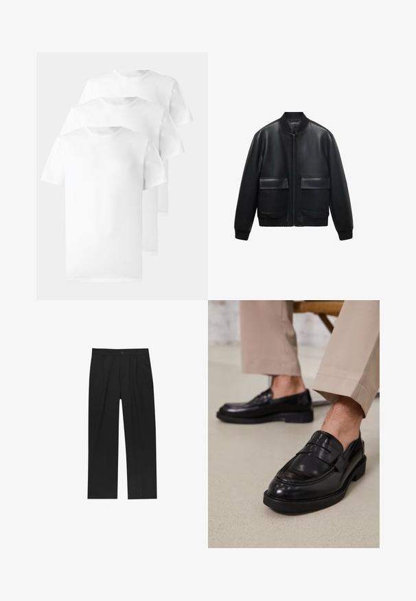 Zwarte leren bomberjack met een ritssluiting aan de voorkant, ribbelkraag en twee grote voorzakken. Soepele textuur en een ontspannen pasvorm.; Drie witte T-shirts van katoen, met een ronde hals, korte mouwen en een gladde, effen textuur zonder zichtbare patronen of accenten.; Zwarte broeken met een recht model, gemaakt van een gladde stof. Voorzien van een voorplooien en een enkele knoopsluiting bij de taille.; Zwarte leren loafers met een gladde afwerking, voorzien van een decoratieve band en contrasterende stiksels, gecombineerd met beige broeken.